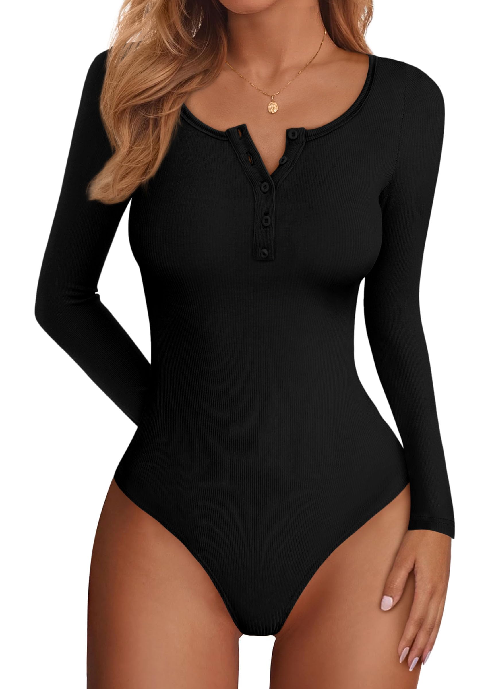 PRETTYGARDEN Long Sleeve Bodysuits for Women Ribbed Knit Henley Button Up Slim Fitted Basic Tops Winter Fashion Clothing PRETTYGARDEN