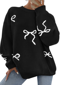 PRETTYGARDEN Fall Long Sleeve Pullover Sweaters for Women Trendy Crewneck Casual Cute Bow Chunky Knit Oversized Sweater