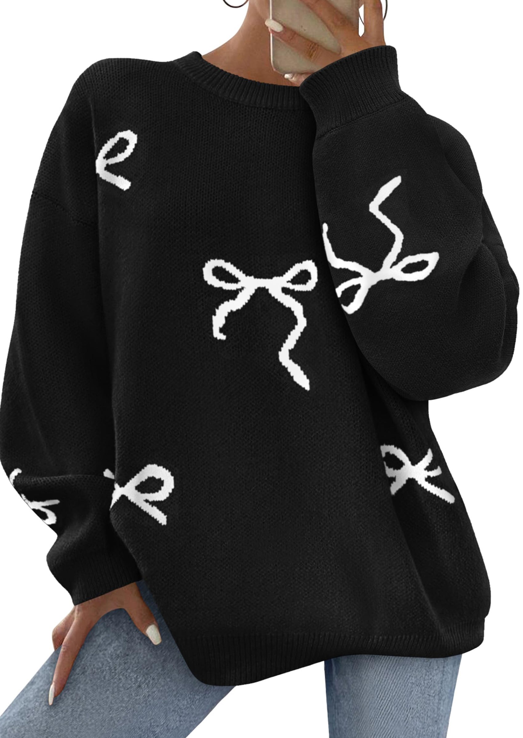 PRETTYGARDEN Fall Long Sleeve Pullover Sweaters for Women Trendy Crewneck Casual Cute Bow Chunky Knit Oversized Sweater