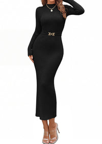 PRETTYGARDEN Women's Long Sleeve Bodycon Maxi Sweater Dress | Stretchy Rib Knit,Metal Buckle Waist,Back Slit,Work Cocktail Holiday Party Outfits,Fall Winter Winter Wedding Guest Dresses