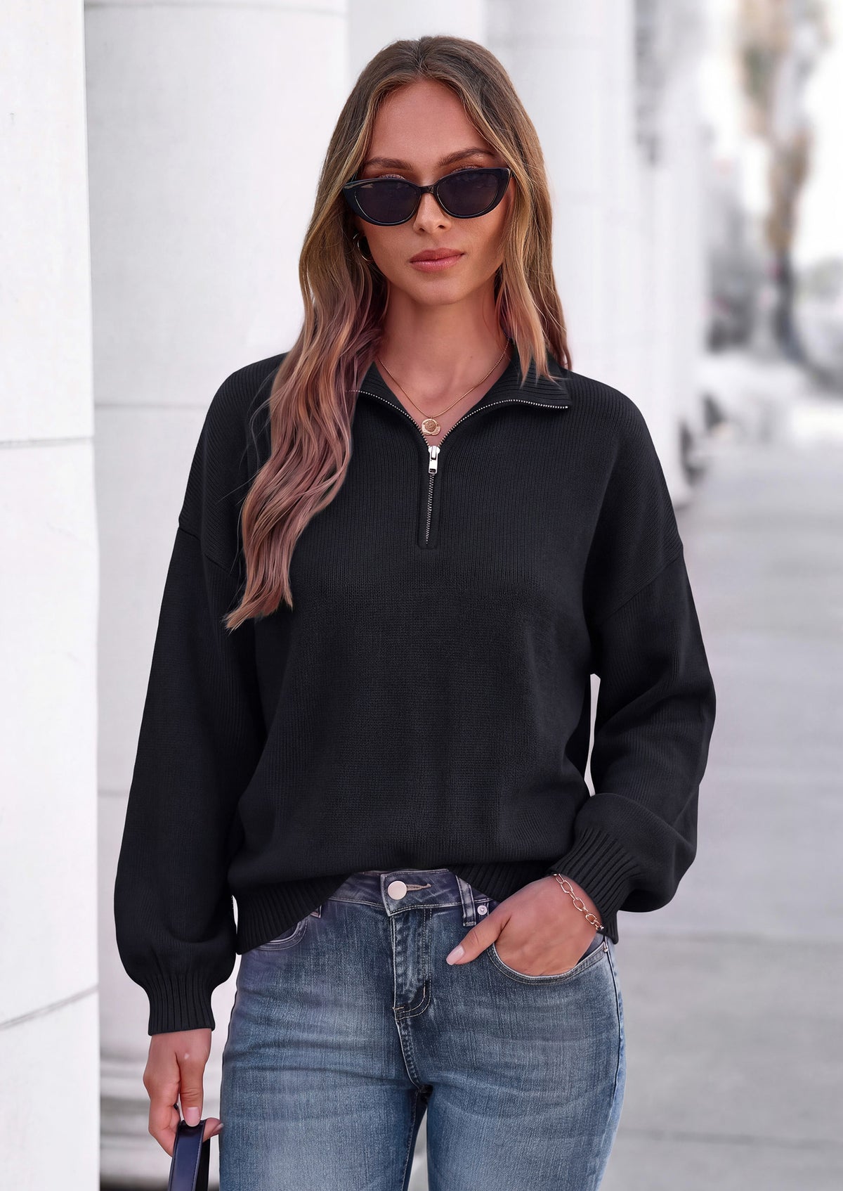 PRETTYGARDEN Women's Quarter Zip Pullover Oversized Sweaters | Collared Neck, Long Balloon Sleeve, Jumper Tops, Soft Cozy Knit, Ribbed Hem, Loose Fit, Fall Outfits, Winter Fashion Clothing