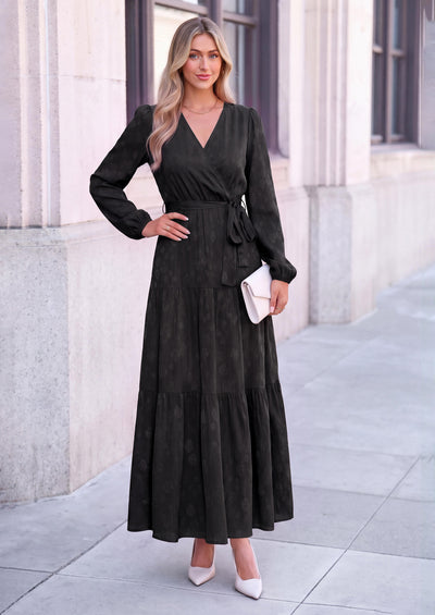 PRETTYGARDEN Womens Long Sleeve Boho Floral Wrap Maxi Dress  Fall Wedding Guest Dresses 2026, Chiffon Flowy Long Dresses, Casual Tie Waist V Neck Dress, Modest A Line Ruffle Tiered Dress
