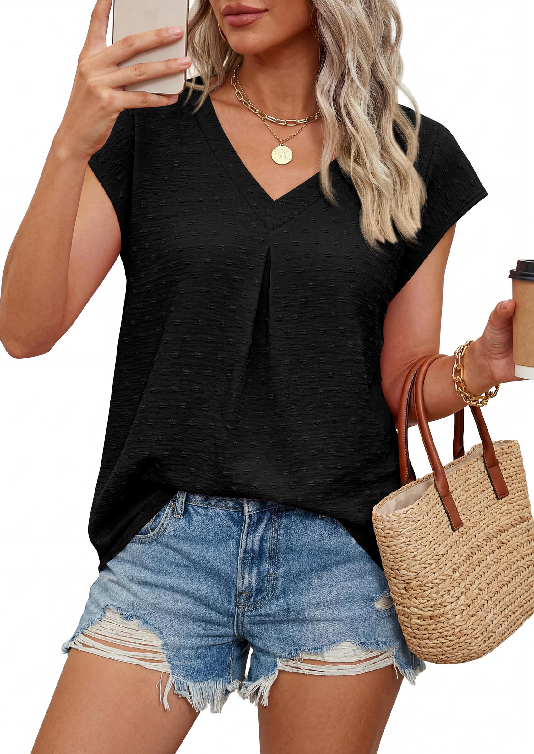 PRETTYGARDEN Women's Summer Blouses Casual Dressy Swiss Dot Cap Sleeve V Neck Tops 2026 Trendy Work Business Spring Shirts
