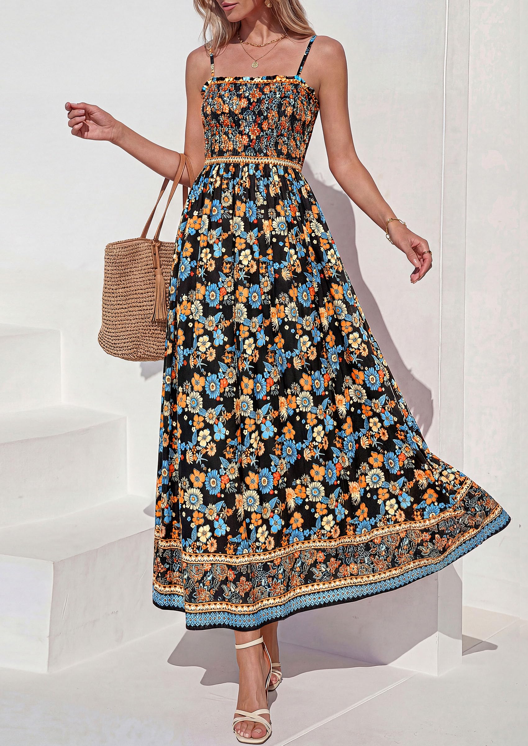 PRETTYGARDEN Womens Floral Maxi Dress Boho Casual Summer Spaghetti Strap Smocked Sleeveless Flowy Beach Vacation Dresses