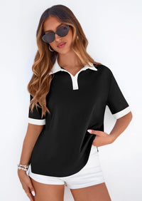 PRETTYGARDEN Summer Short Sleeve Polo Shirts for Women Collared V Neck Work Dressy Tops Knit Loose Business Casual Outfits PRETTYGARDEN