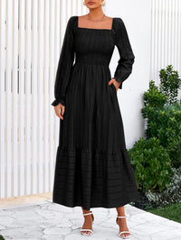 BTFBM Women Maxi Fall Dresses Long Sleeve Solid Color Square Neck Smocked Boho Long Wedding Guest Dress
