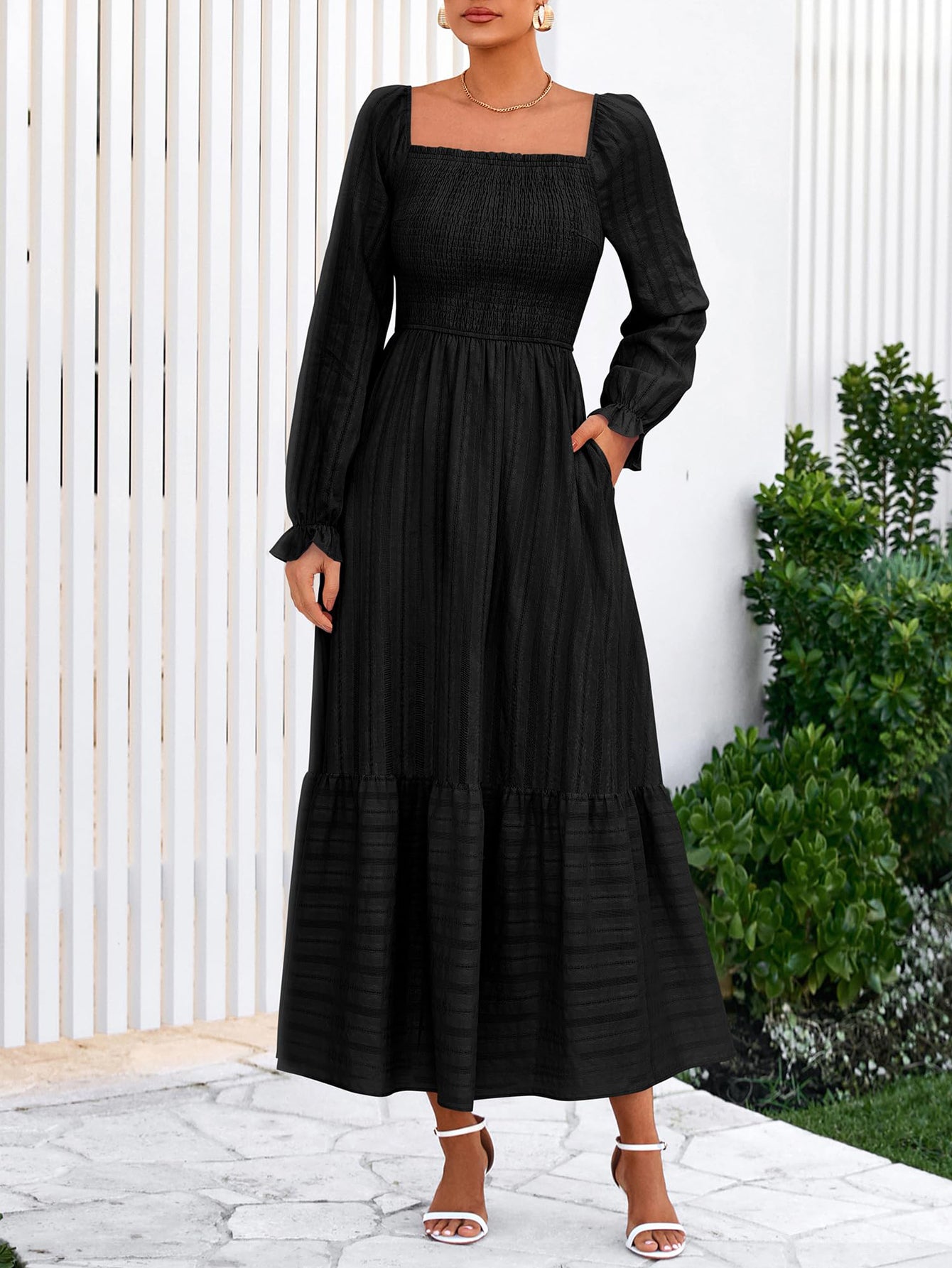 BTFBM Women Maxi Fall Dresses Long Sleeve Solid Color Square Neck Smocked Boho Long Wedding Guest Dress