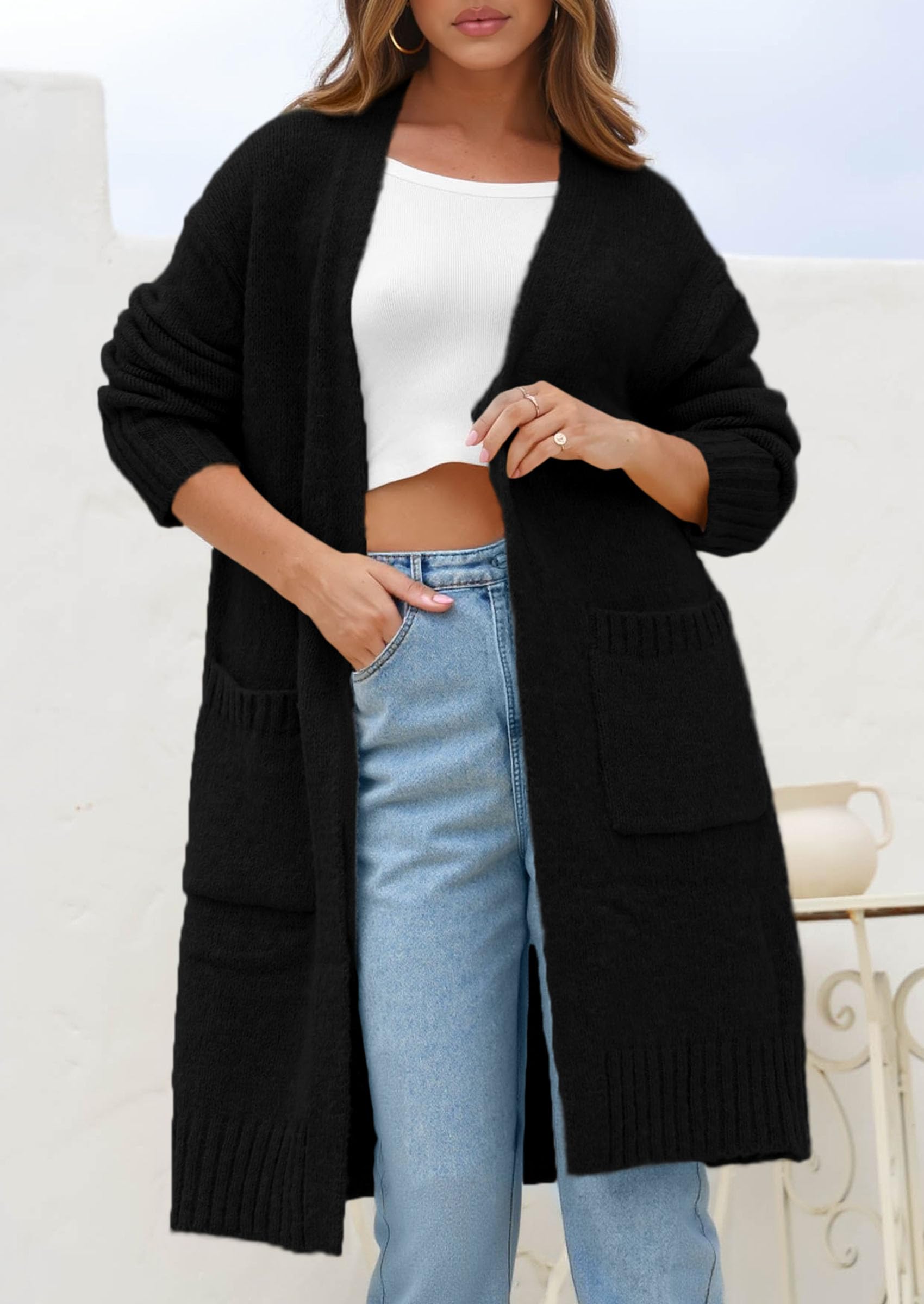 PRETTYGARDEN Fall Long Sleeve Cardigan Sweaters for Women Trendy Winter Open Front Loose Knitted Cardigans with Pockets