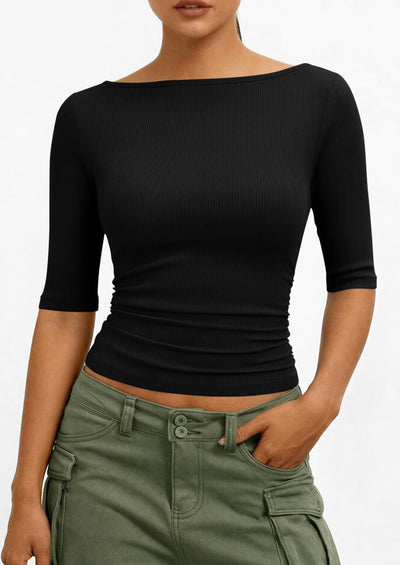 PRETTYGARDEN Womens Summer Short Sleeve Tops Boat Neck Ribbed Knit Slim Fit T Shirt Casual Basic Top Spring Clothes PRETTYGARDEN