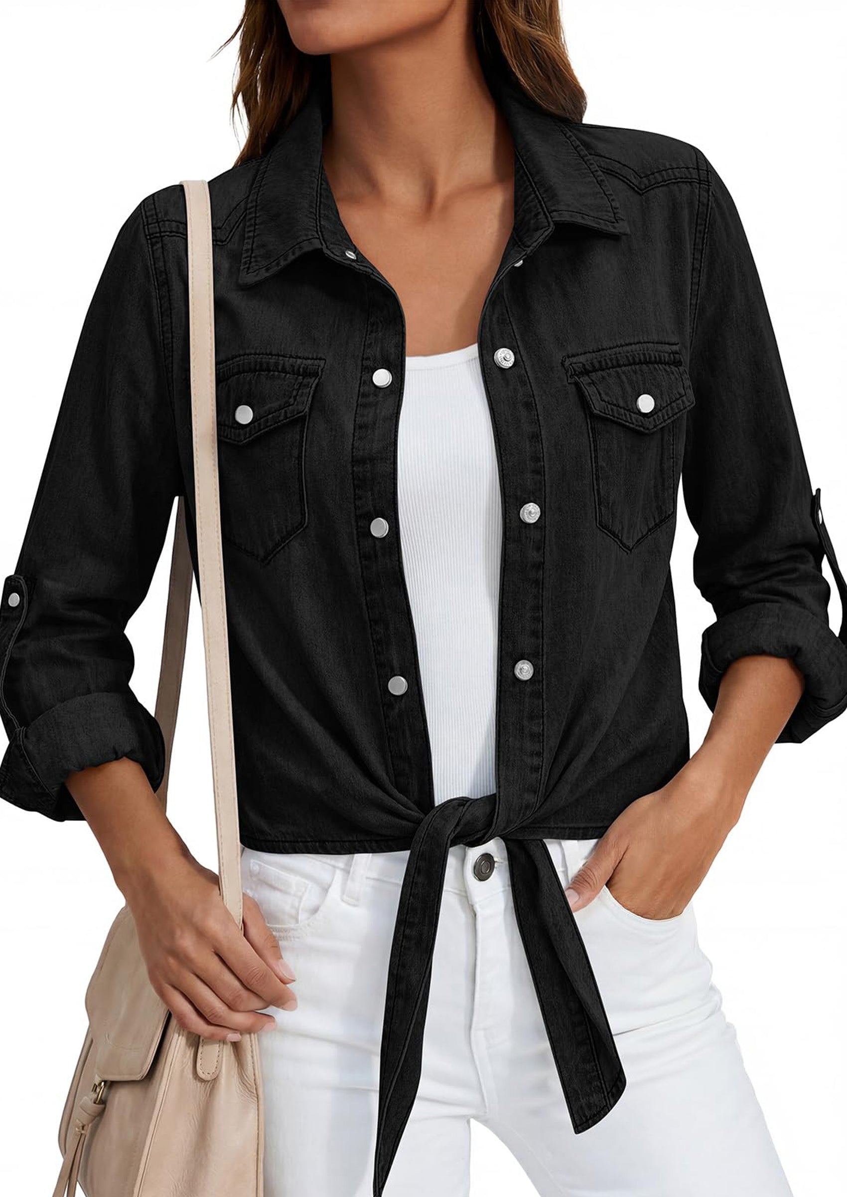 PRETTYGARDEN Womens Denim Shirts Collared Long Sleeve Button Down Shirt Women Tie Front Cardigans Summer Crop Tops Blouses