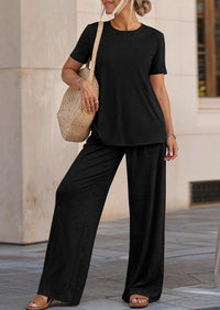 PRETTYGARDEN Summer Lounge Sets for Women 2 Piece Short Sleeve Crewneck Cute Tops and Wide Leg Pants with Pockets Pj Set PRETTYGARDEN