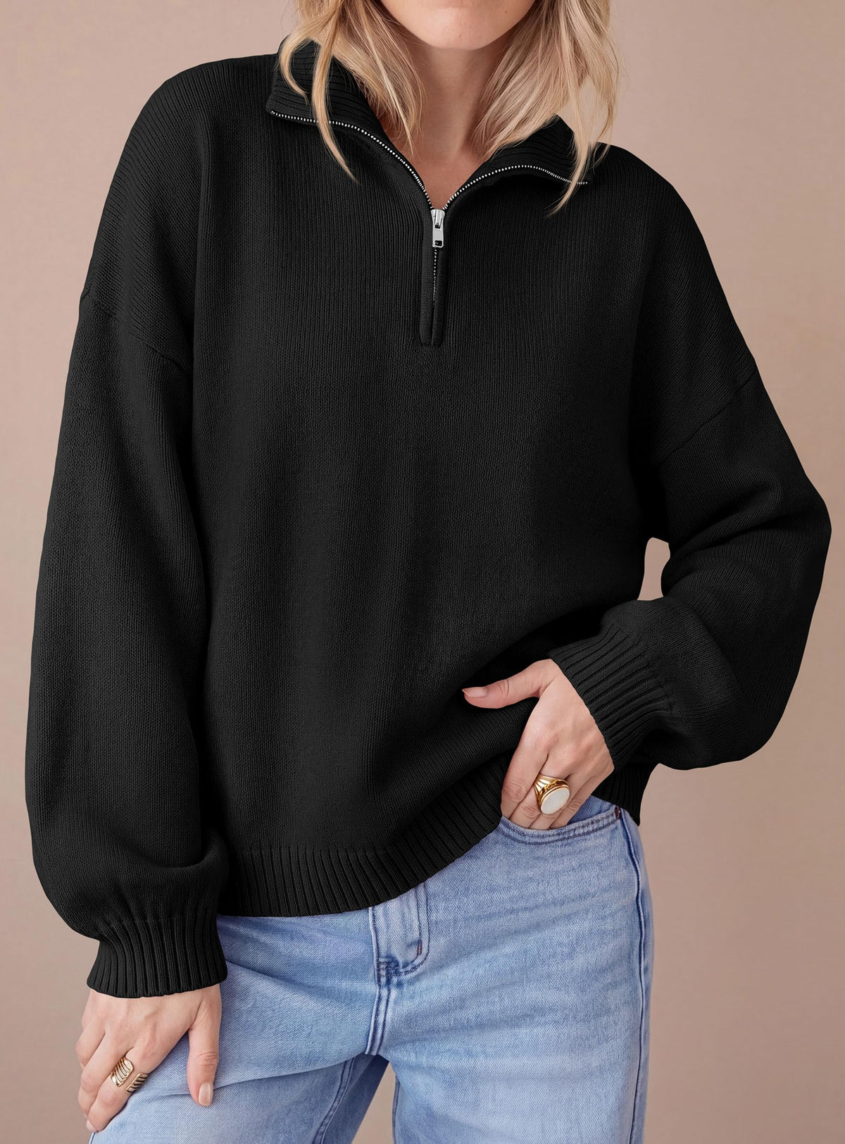 PRETTYGARDEN Women's Quarter Zip Pullover Oversized Sweaters | Collared Neck, Long Balloon Sleeve, Jumper Tops, Soft Cozy Knit, Ribbed Hem, Loose Fit, Fall Outfits, Winter Fashion Clothing