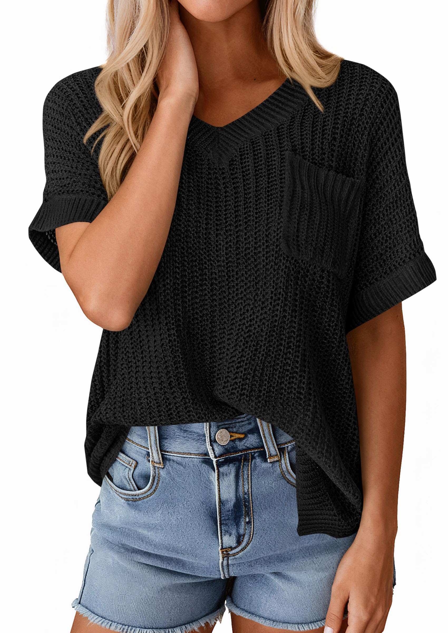 PRETTYGARDEN Women's Spring Short Sleeve Sweaters Lightweight V Neck Casual Going Out Summer T PRETTYGARDEN