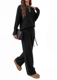 PRETTYGARDEN Lounge Sets Womens Two Piece Outfits  Cozy Boat Neck Long Sleeve , Wide Leg Pants with Drawstring, Casual Fall Fashion 2026 Airport & Travel, Knit Matching Set