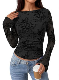PRETTYGARDEN Women's Bell Sleeve Floral Mesh Crop Tops | Slim Fitted Shirts, Long Sleeve Going Out Top, Ruched Front, Boat Neck, Casual Blouses, Fall Date Night Outfits, Y2K Clothes