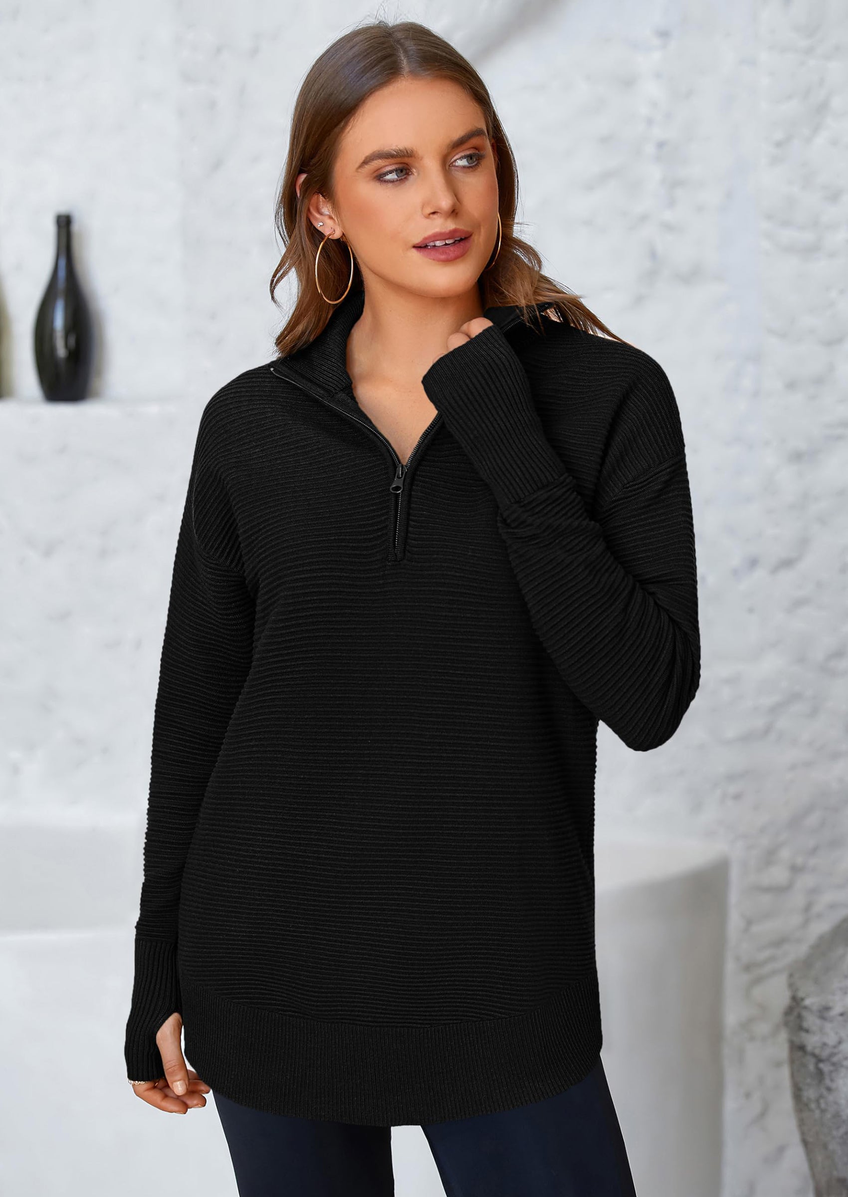 PRETTYGARDEN Womens Long Sleeve Quarter Zip Pullover Sweater Casual Loose V Neck Collared Ribbed Knit Jumper Tops Thumb Hole