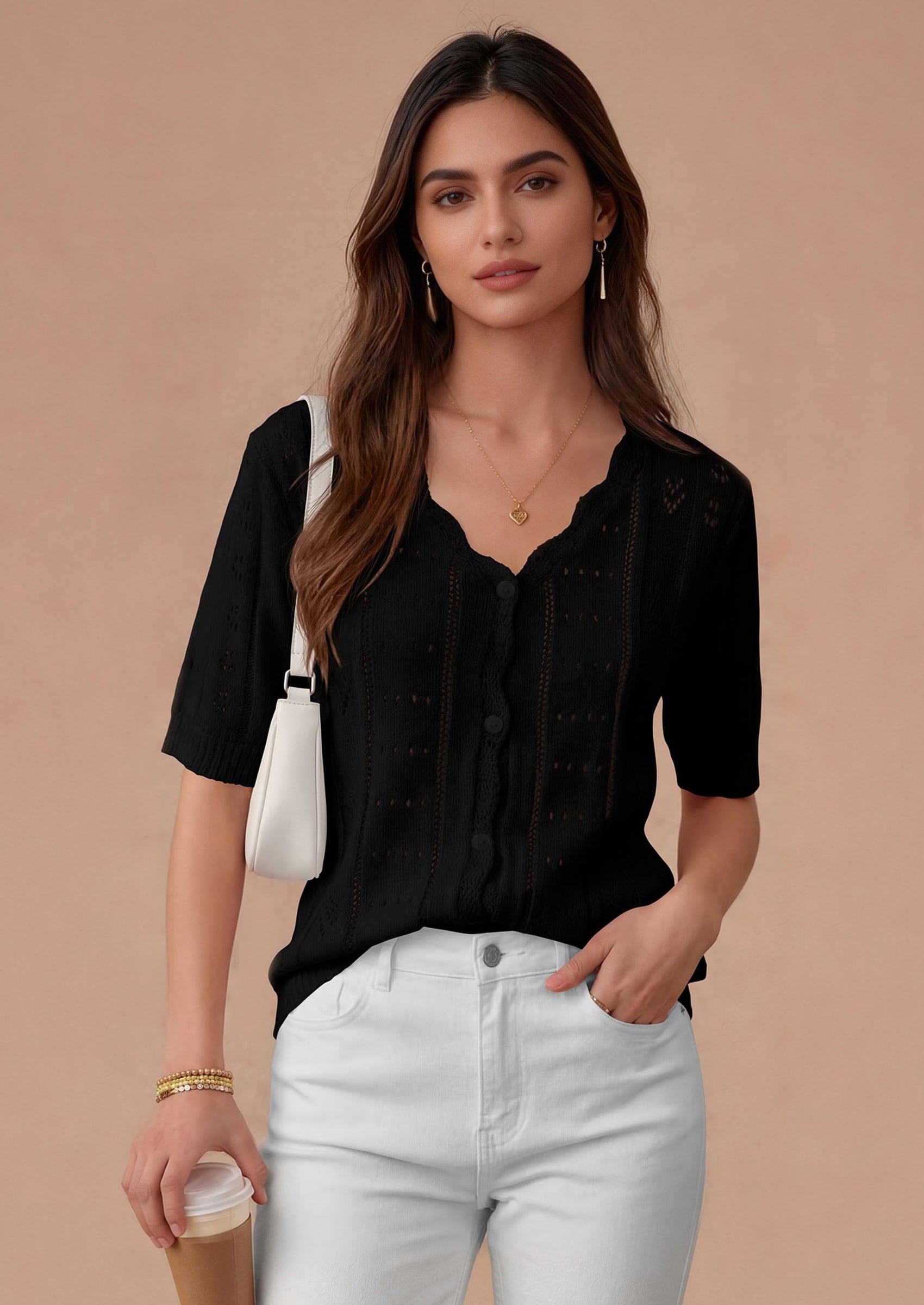 PRETTYGARDEN Womens Short Sleeve Crochet Knit Sweater Spring Fashion Button Down Lightweight Cardigans Summer Tops PRETTYGARDEN