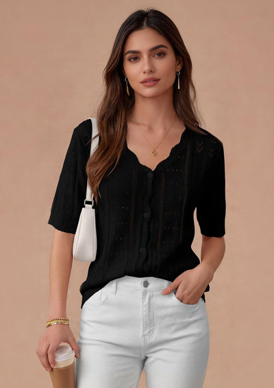PRETTYGARDEN Womens Short Sleeve Crochet Knit Sweater Spring Fashion Button Down Lightweight Cardigans Summer Tops PRETTYGARDEN