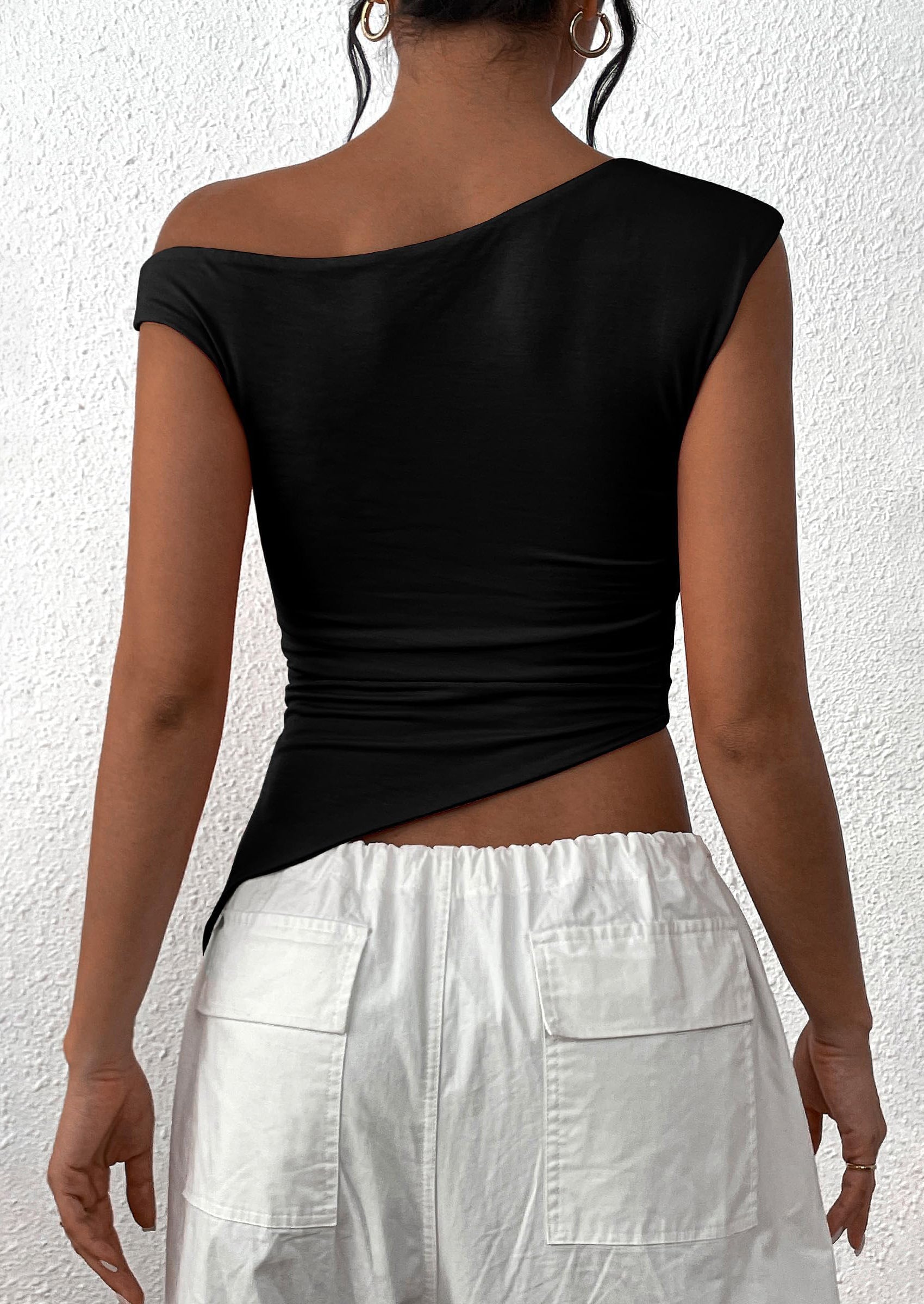 PRETTYGARDEN Womens Off The Shoulder Tops Summer Sleeveless One Shoulder Ruched Asymmetrical Y2K Going Out Crop Tank Top