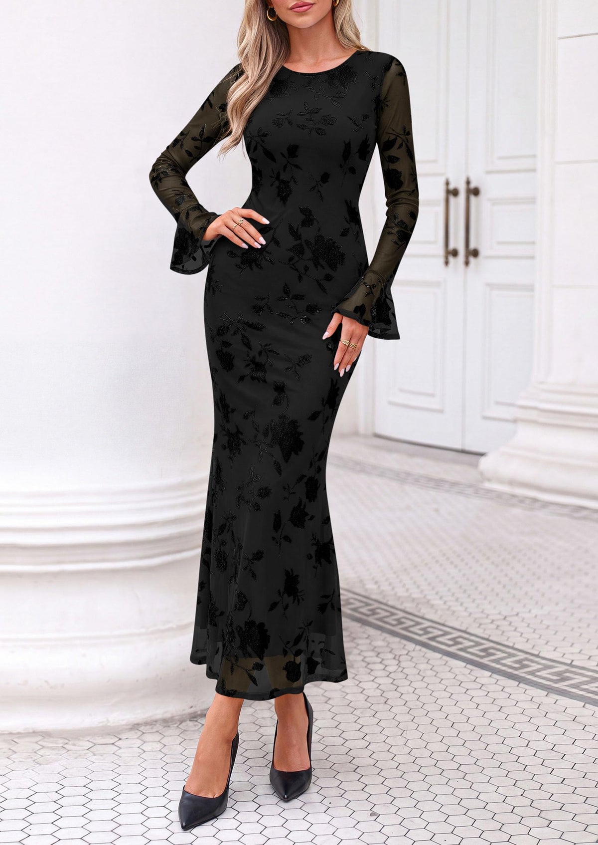 PRETTYGARDEN Women's Long Sleeve Maxi Floral Mesh Fall Wedding Guest Dress