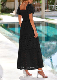 PRETTYGARDEN Dresses for Women Eyelet Square Neck Puff Sleeve Smocked Wedding Guest Maxi Dress with Pockets