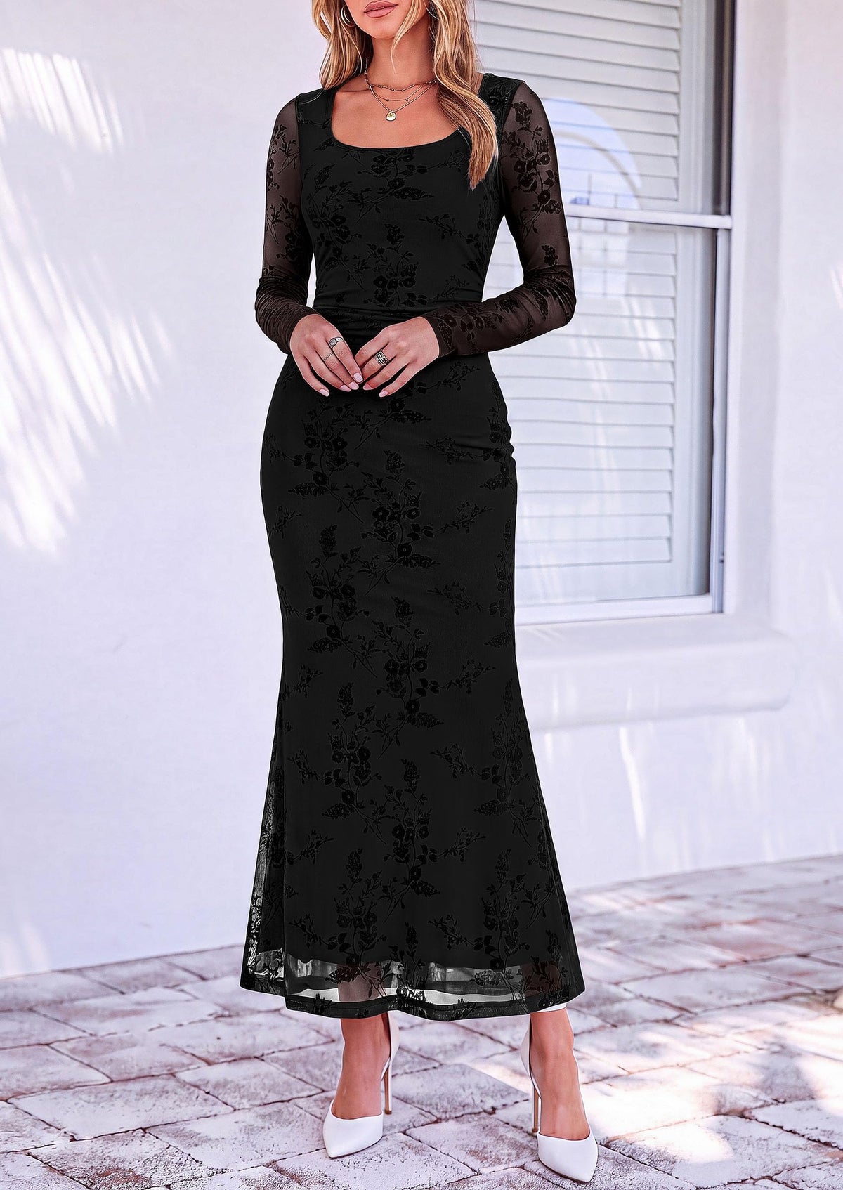 PRETTYGARDEN Women's Long Sleeve Floral Maxi Bodycon Dress  Cocktail Dresses for Wedding Guest, Square Neck, Stretchy Mesh, Elegant Classy, Formal Holiday Party, Fall Date Night Outfits
