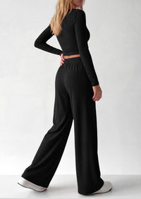 PRETTYGARDEN Women's 2 Piece Lounge Sets Matching Clothing  | V Neck Long Sleeve , Wide Leg Pants Pockets, Airport Travel Outfits, Soft Ribbed Knit, Drawstring Waist, Fall Resort Wear
