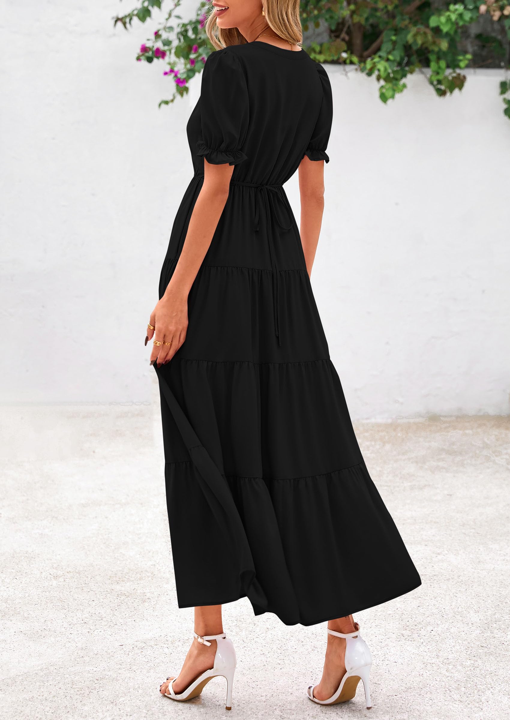 PRETTYGARDEN Women's Casual Short Sleeve V Neck Midi Dresses Spring A-line Tiered Wedding Guest Dress