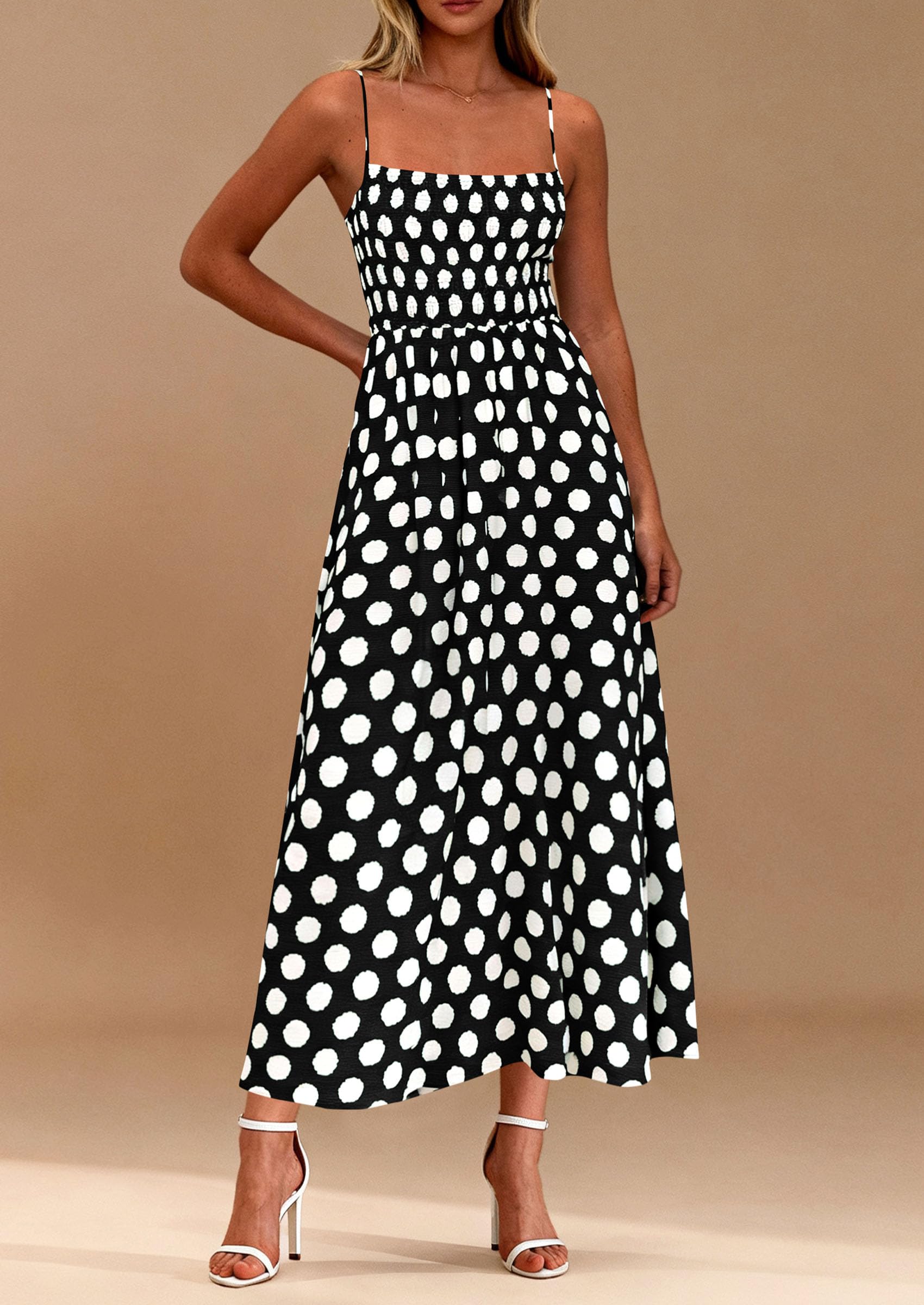 PRETTYGARDEN Womens Summer Dresses Spring Sleeveless Spaghetti Straps Casual Midi Dress Polka Dot Smocked Beach Sundress PRETTYGARDEN