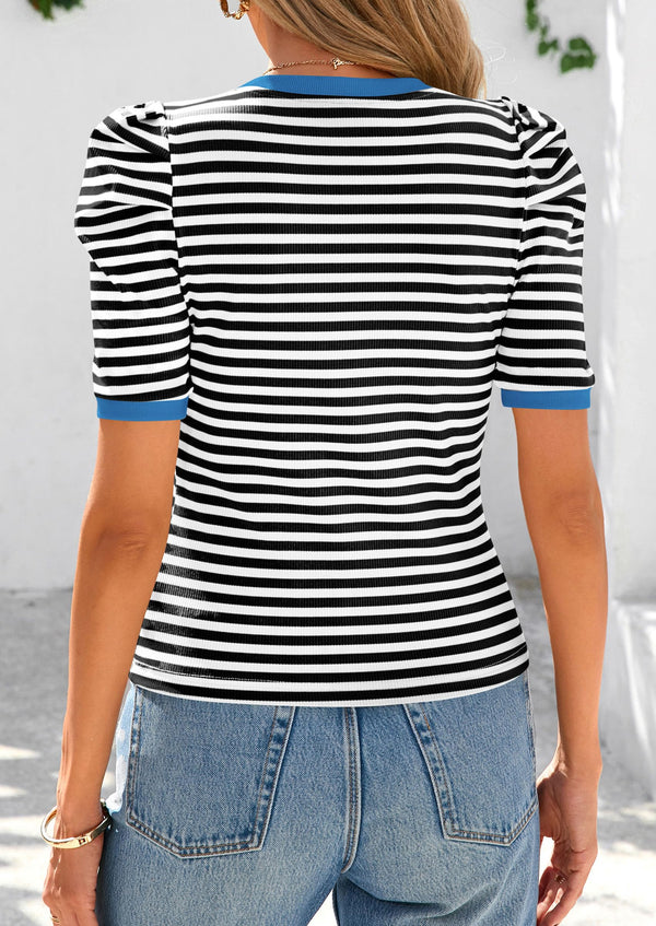 Women's Summer Puff Sleeve Casual Ribbed Knit Color Block Trendy Striped Pullover T-shirts