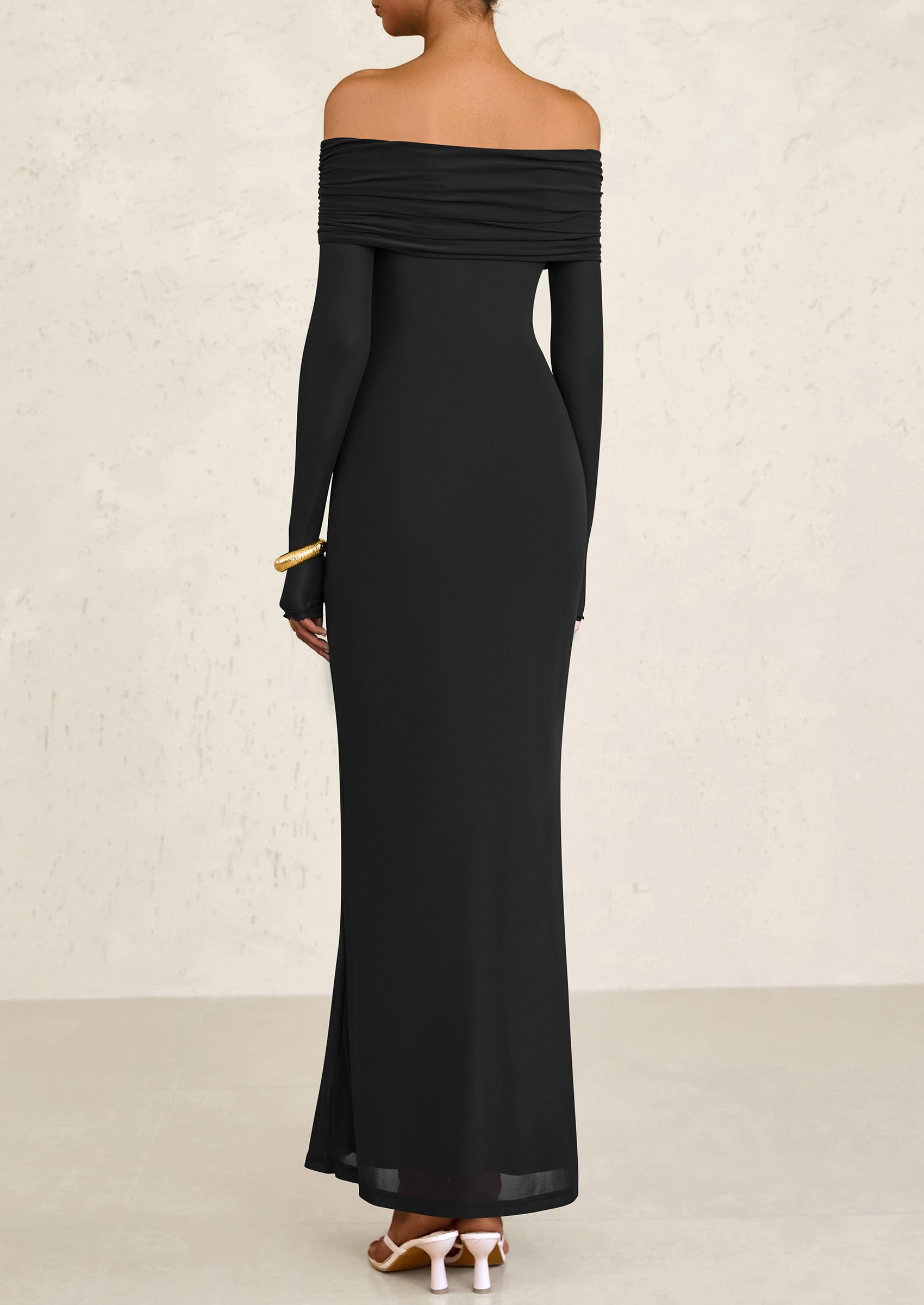 PRETTYGARDEN Off The Shoulder Dresses for Women Mesh Long Sleeve Baby Shower Formal Wedding Guest Dress