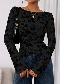 PRETTYGARDEN Women Long Sleeve Floral Mesh Tops Blouse  Fall Trendy Boat Neck Ruched Fitted Shirt Going Out Date Outfits