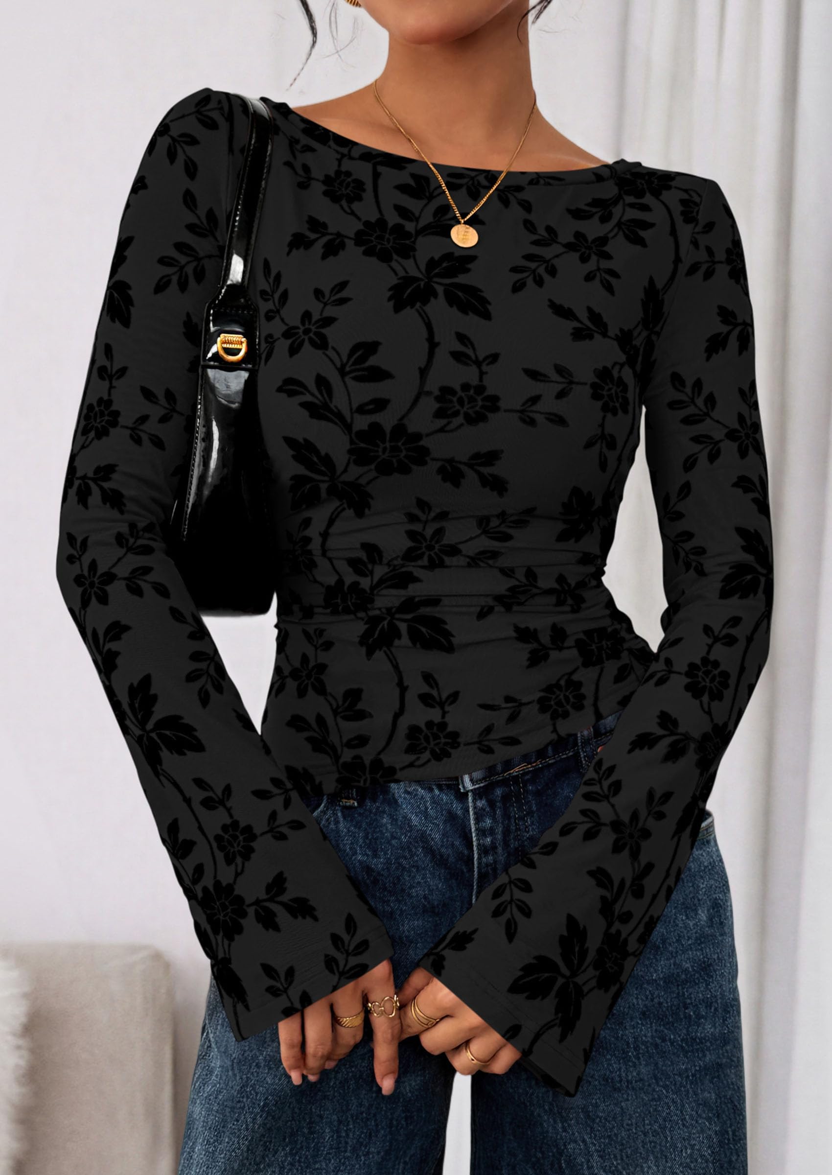 PRETTYGARDEN Women Long Sleeve Floral Mesh Tops Blouse  Fall Trendy Boat Neck Ruched Fitted Shirt Going Out Date Outfits