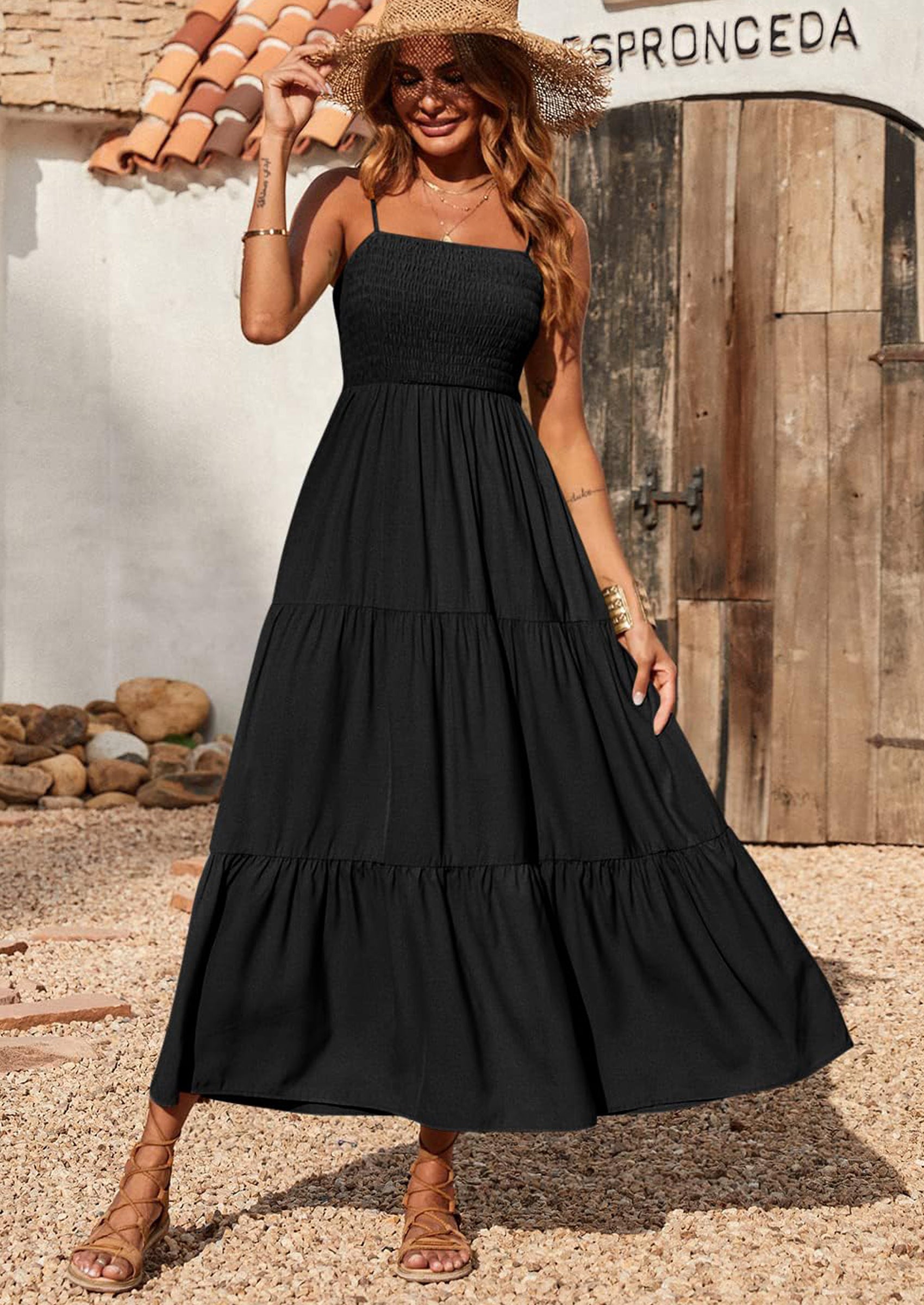 PRETTYGARDEN Women's Summer Maxi Dress Casual Boho Sleeveless Spaghetti Strap Smocked Tiered Long Beach Sundresses PRETTYGARDEN