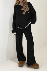 2 Piece Knitted Casual Long Sleeve Pullover Wide Leg Pant Set