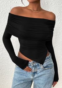 PRETTYGARDEN Women's Long Sleeve Shirts Off Shoulder Tops Going Out Slim Fitted Y2K Blouses Fall Fashion Clothes