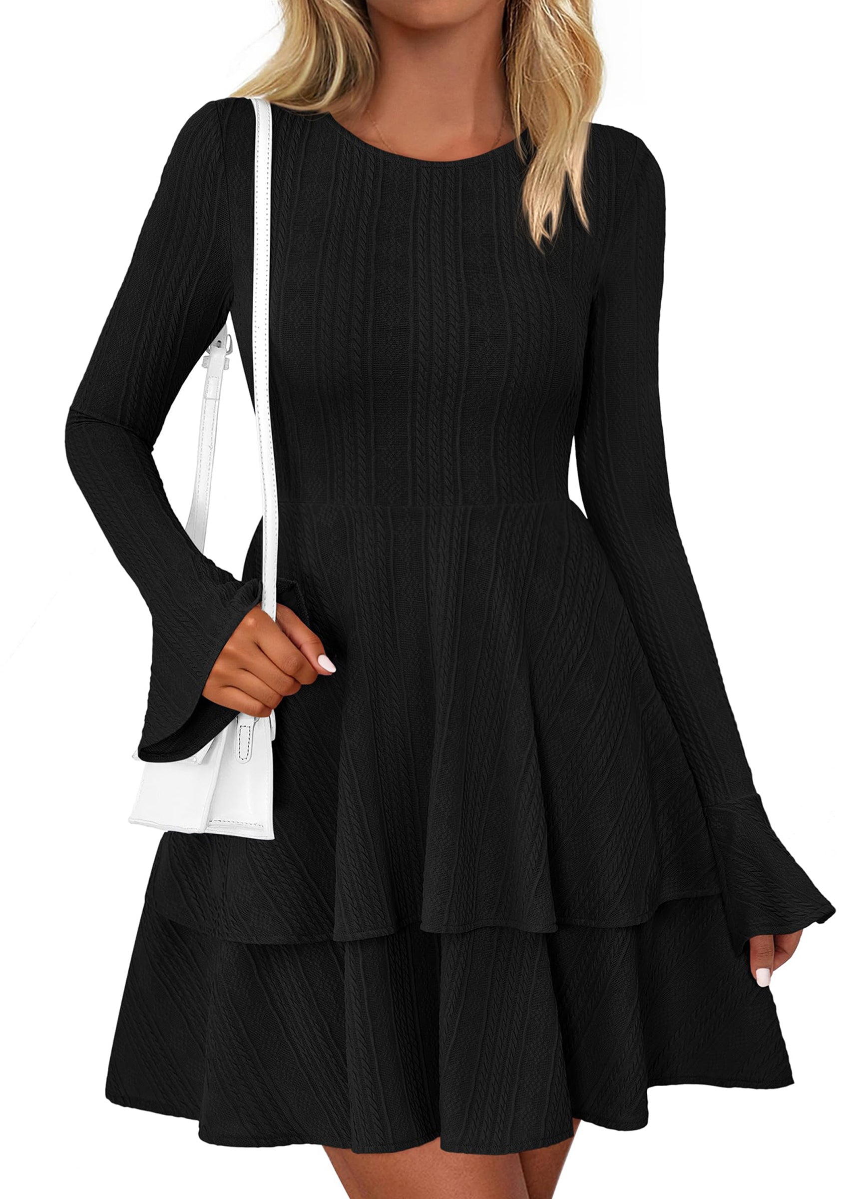 PRETTYGARDEN Womens Spring Fashion Long Bell Sleeve Mini Sweater Dress Casual Crewneck A Line Knit Short Cocktail Dresses - PRETTYGARDEN