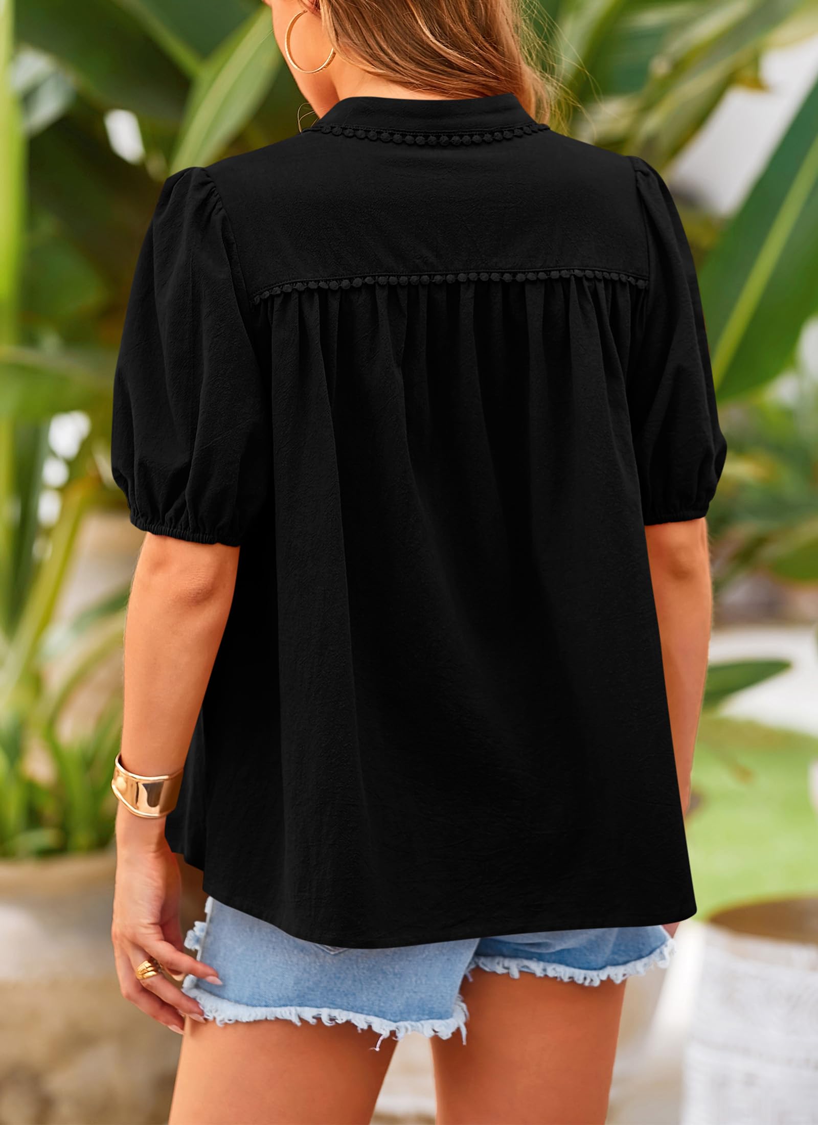 PRETTYGARDEN Women's Summer Tops Button Down Shirts Short Lantern Sleeve V Neck Cotton Cute Dressy Casual Blouses