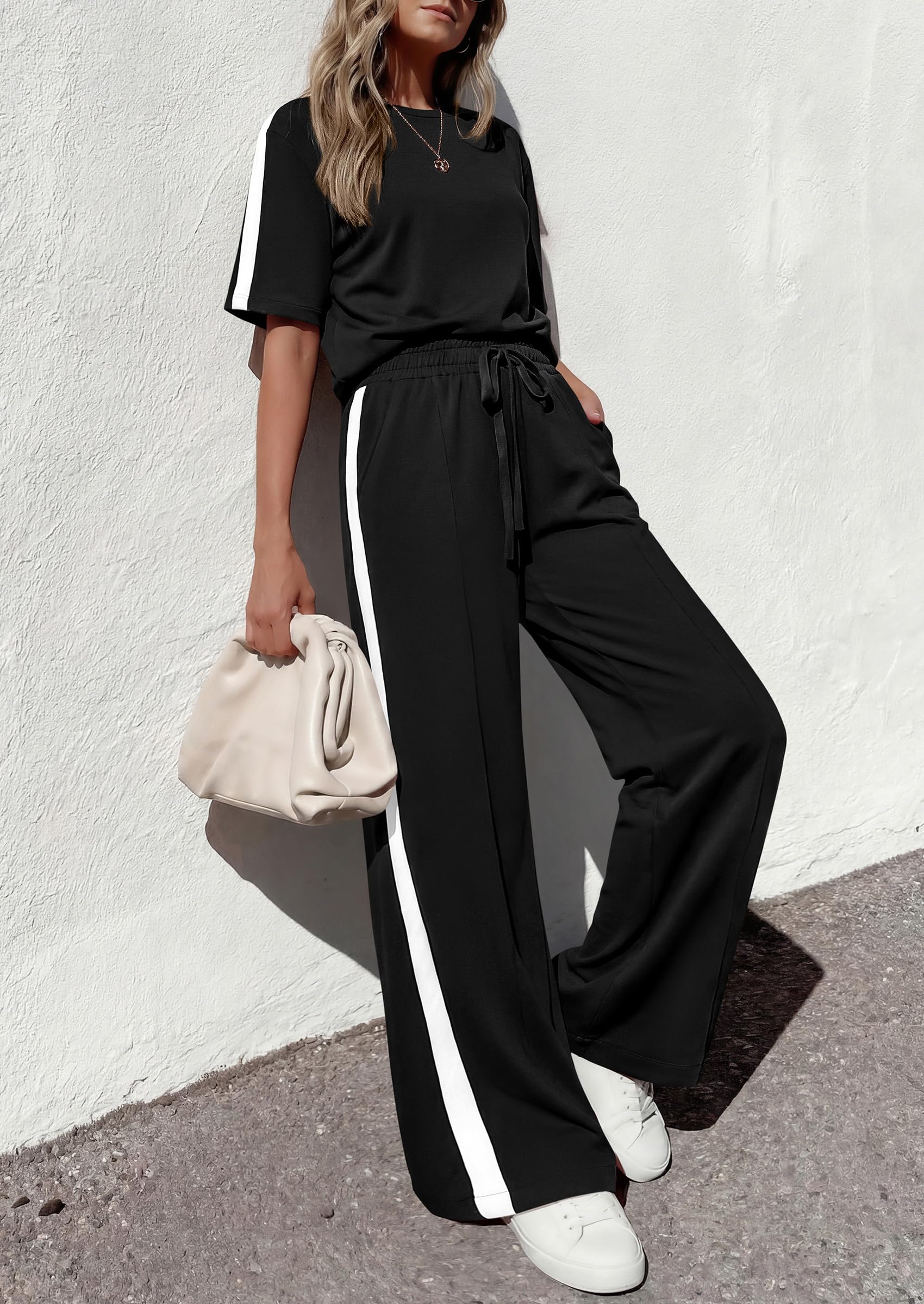 PRETTYGARDEN Women's 2 Piece Sets Summer Casual Short Sleeve Tops Wide Leg Pants Matching Lounge Set Vacation Travel Outfits PRETTYGARDEN