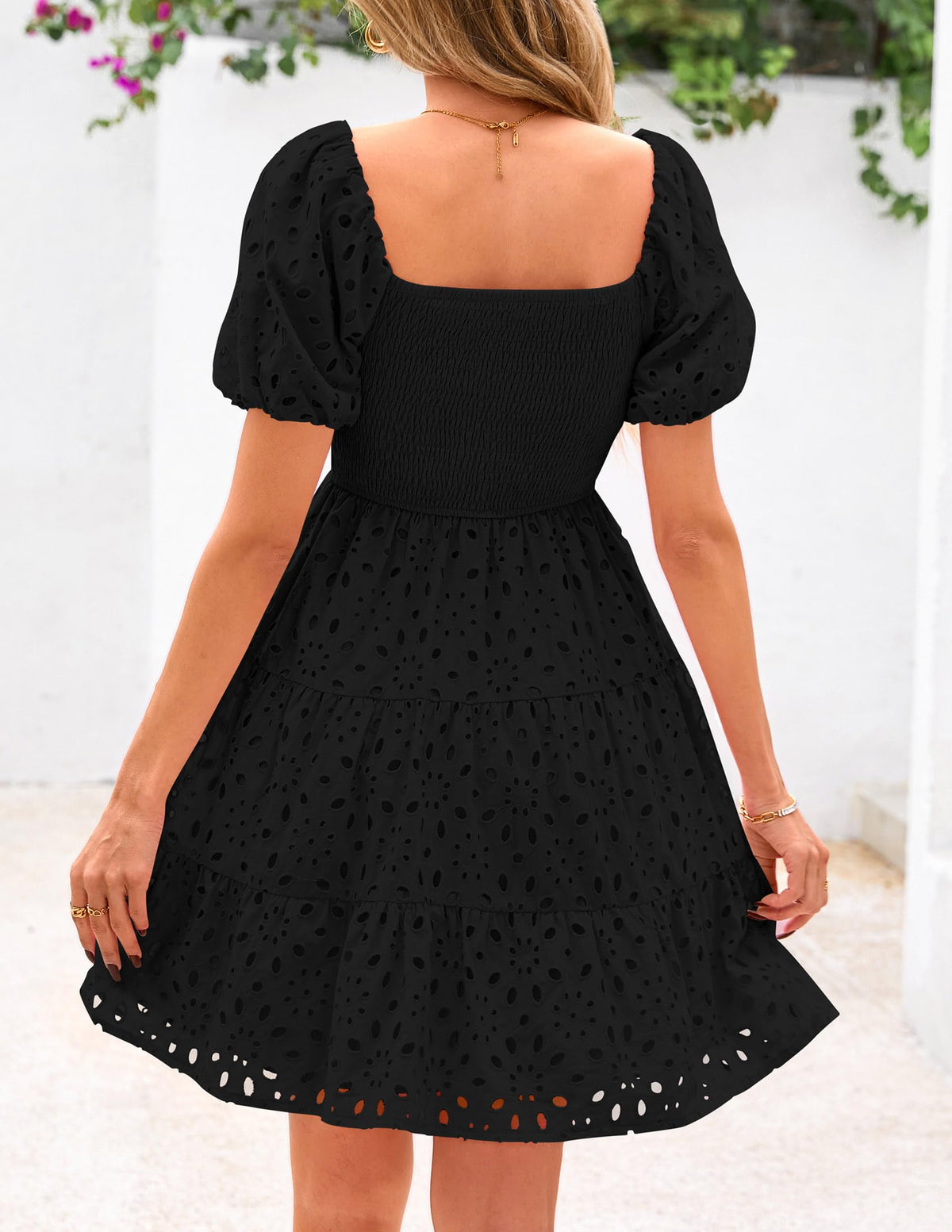 Womens Summer Puff Sleeve Mini Dress Off Shoulder Eyelet Smocked A Line Casual Babydoll Short Dresses