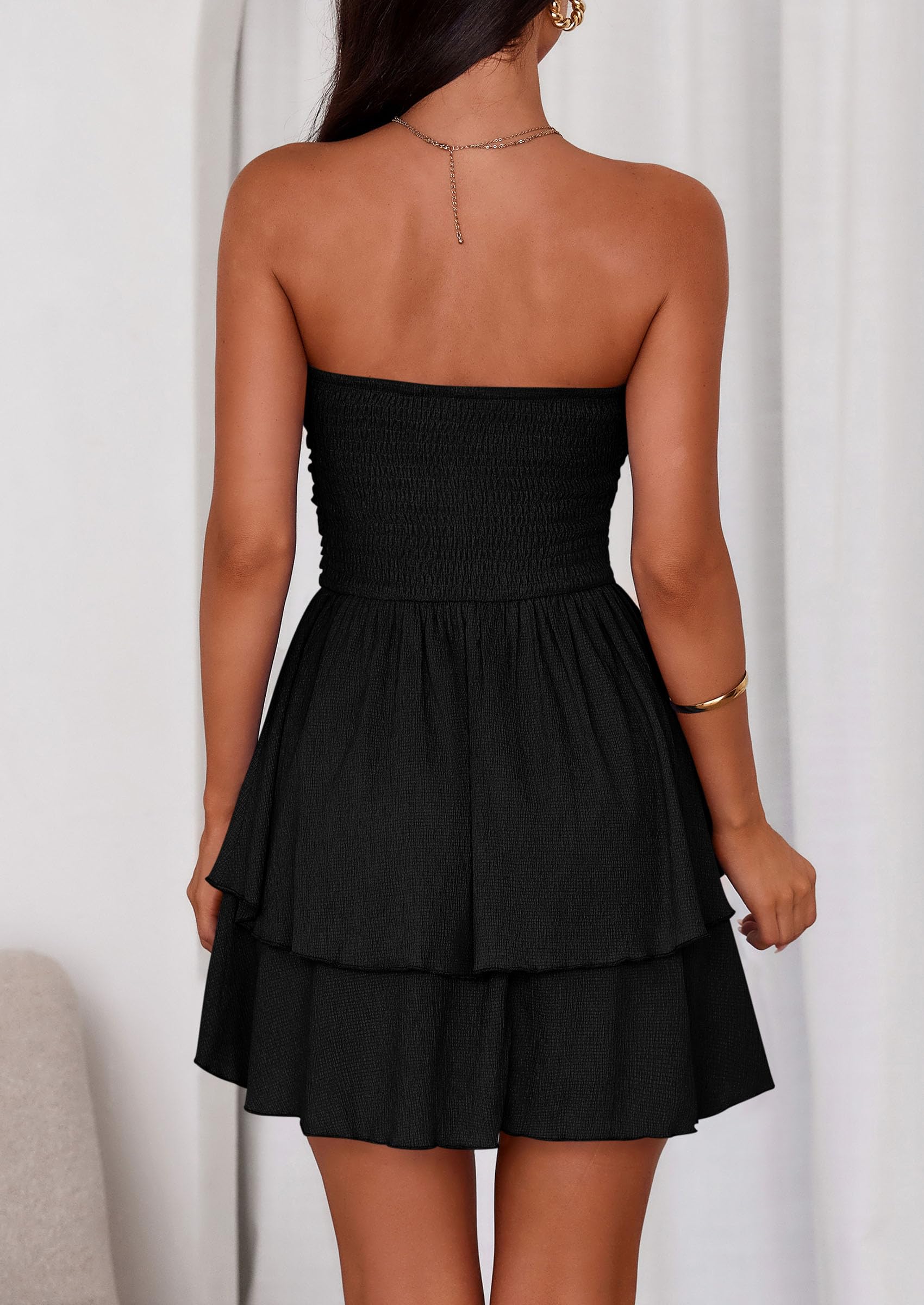 PRETTYGARDEN Women's Summer Strapless Tube Mini Dress Off Shoulder Smocked Ruffle A Line Flowy Short Party Club Dresses