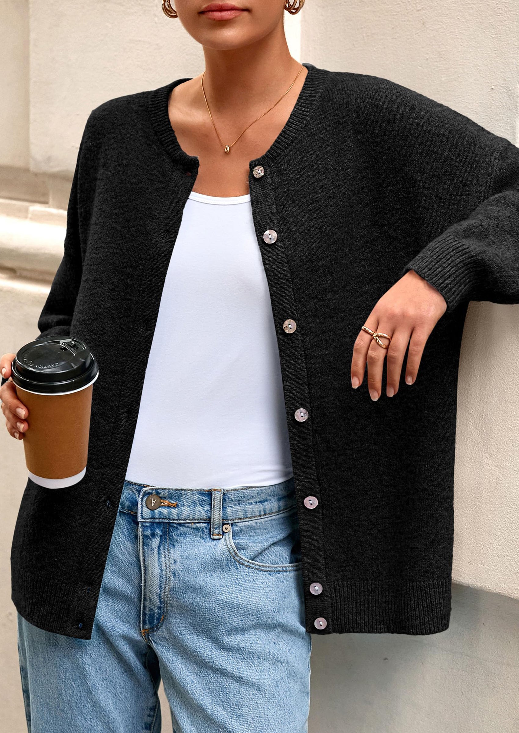 PRETTYGARDEN Fall Long Sleeve Cardigans for Women Trendy Open Front Winter Button Down Crewneck Soft Knit Sweater Jacket