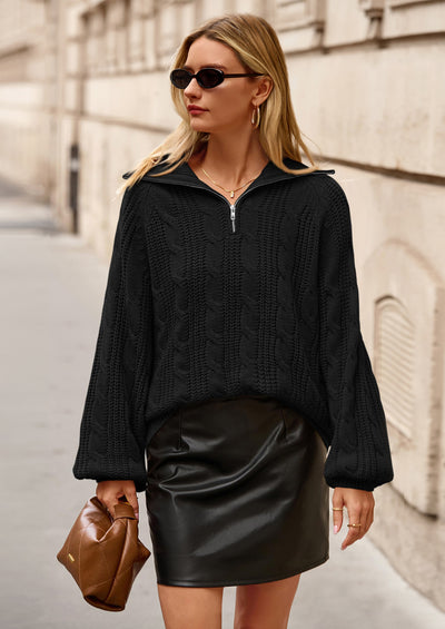 BTFBM Sweaters for Women Fall Fashion Loose Quarter Zip Pullover Collared Long Sleeve Cable Knit Winter Clothes