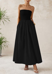 PRETTYGARDEN Women Summer Elegant Strapless Maxi Dress Tube Top Dress A Line Flowy Long Wedding Party Cocktail Dresses