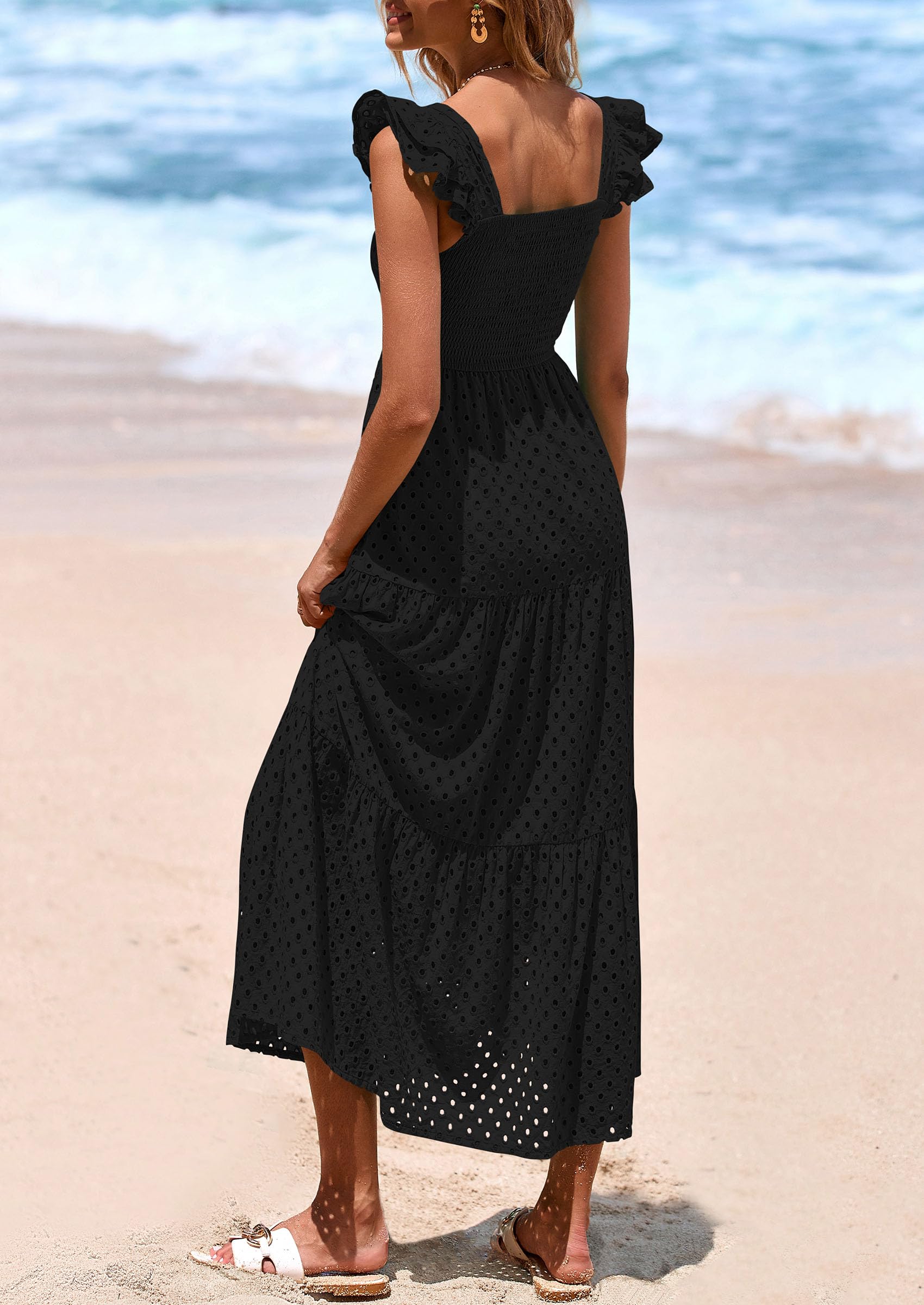 PRETTYGARDEN Womens Square Neck Maxi Dresses Cap Sleeve Eyelet Smocked Tiered A Line Flowy Long Dress with Pockets