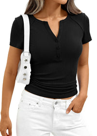 PRETTYGARDEN Womens Summer Short Sleeve Tops 2026 Spring Casual V Neck Henley Button Up T Shirts Dressy Ribbed Knit Blouses PRETTYGARDEN