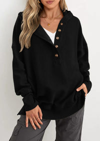 PRETTYGARDEN Womens Fashion Oversized Long Sleeve Hoodie Button Down V Neck Sweatshirt Side Slit Casual Pullover Tops