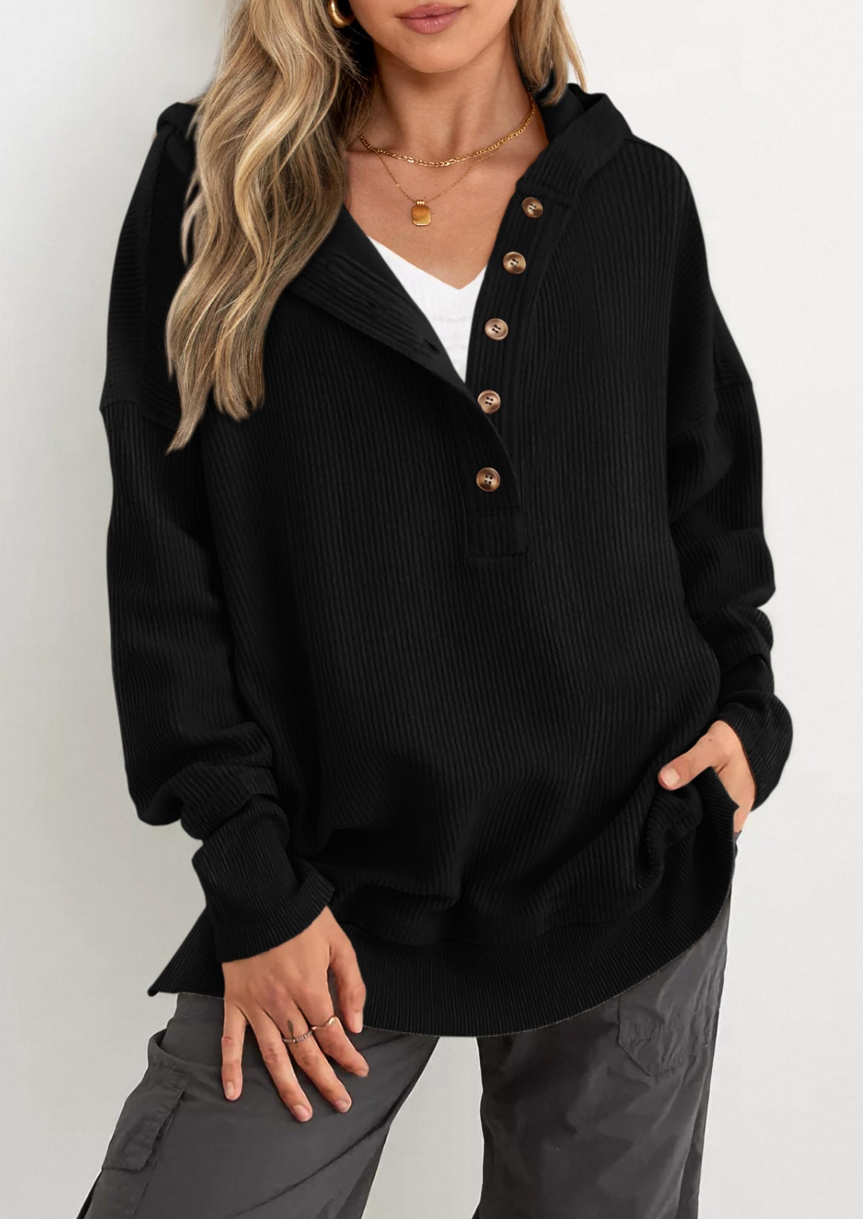 PRETTYGARDEN Womens Fashion Oversized Long Sleeve Hoodie Button Down V Neck Sweatshirt Side Slit Casual Pullover Tops