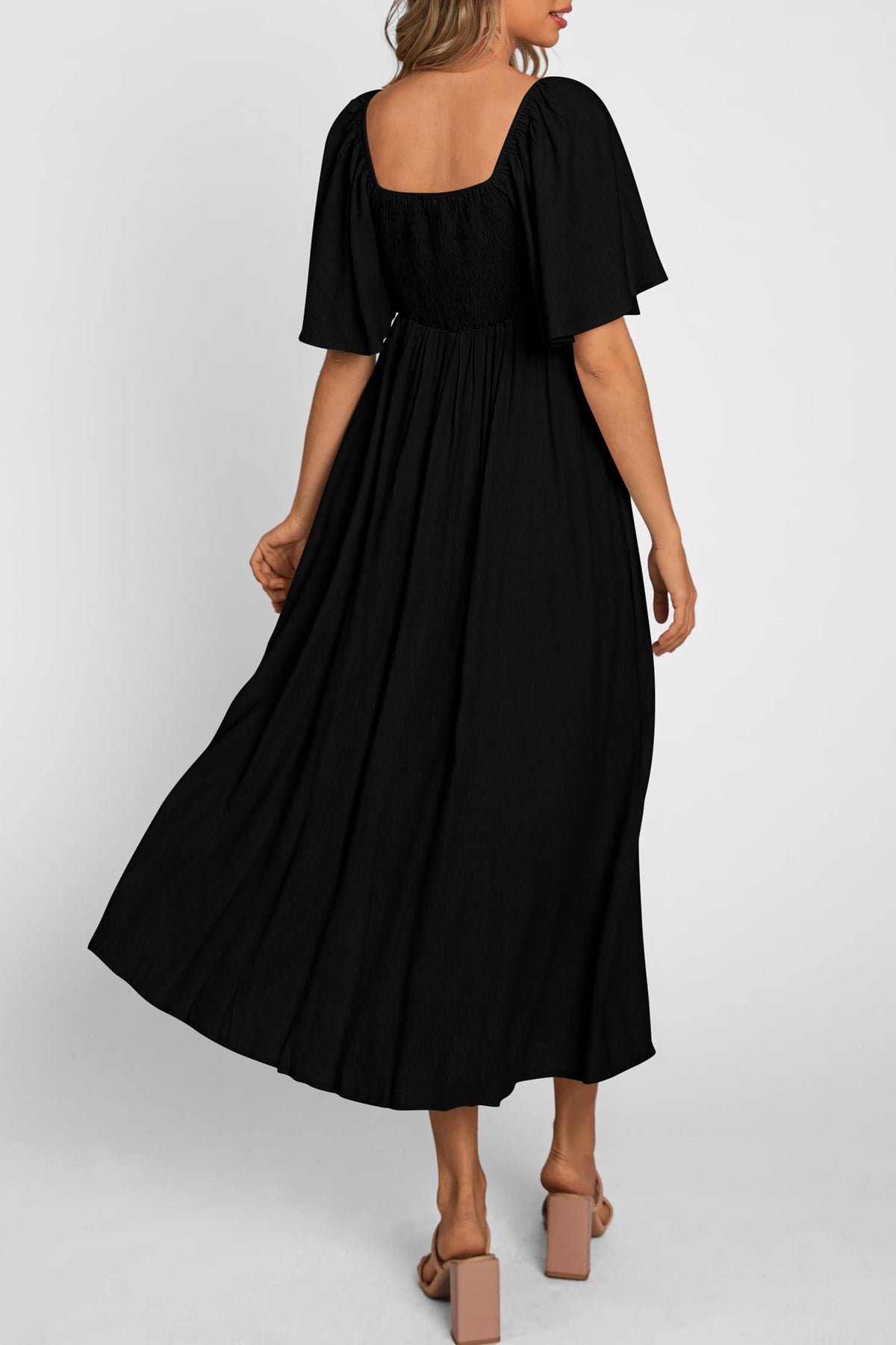 Casual Short Sleeve Bow Tie V Neck Ruffle Midi Flowy Dresses