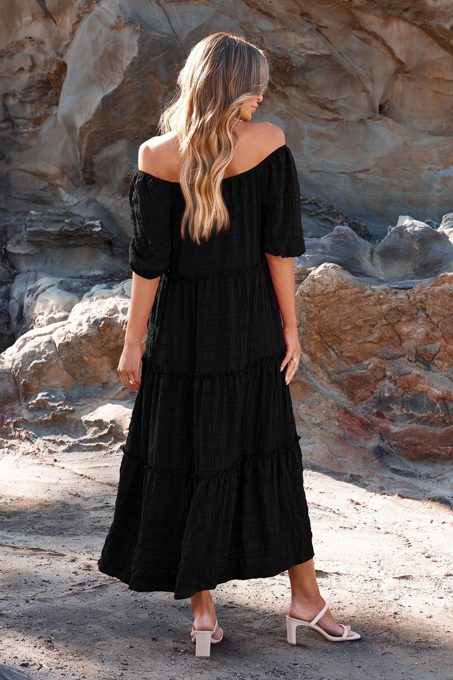 Casual Maxi Dresses Summer Short Sleeve Off The Shoulder Ruffle Tiered Flowy Boho Party Beach Long Dress